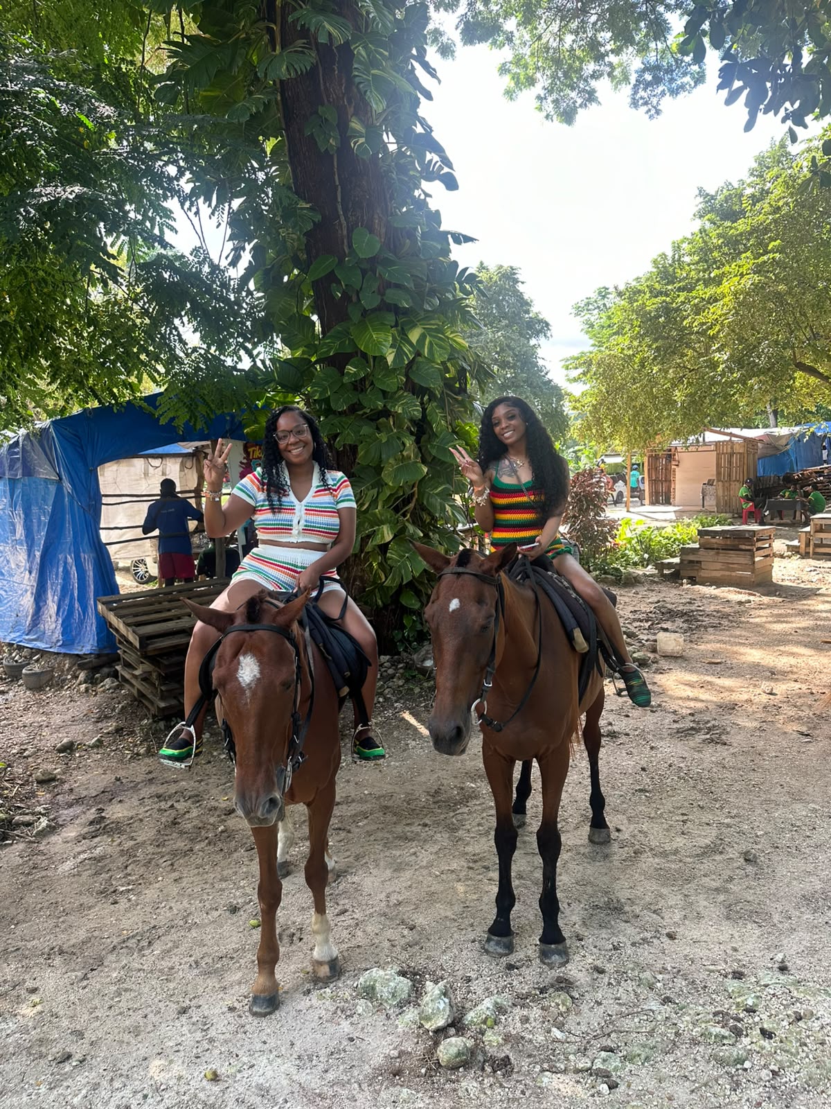 Two guests horseback riding beneath a broad tropical tree